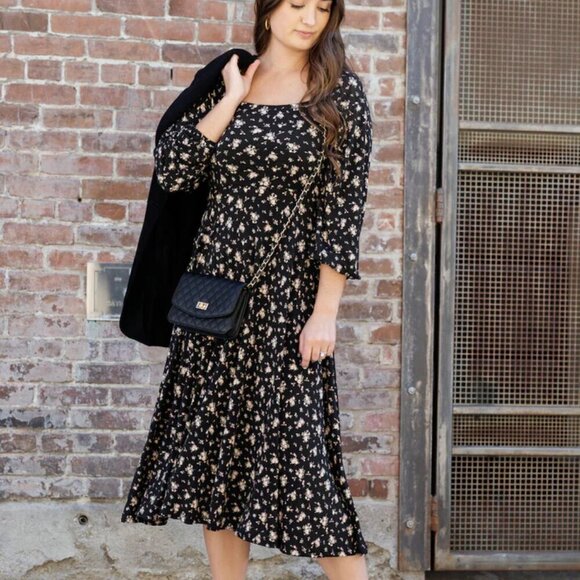 Carly Jean Mari midi shift dress black dark floral jersey knit stretch Medium - Picture 1 of 5